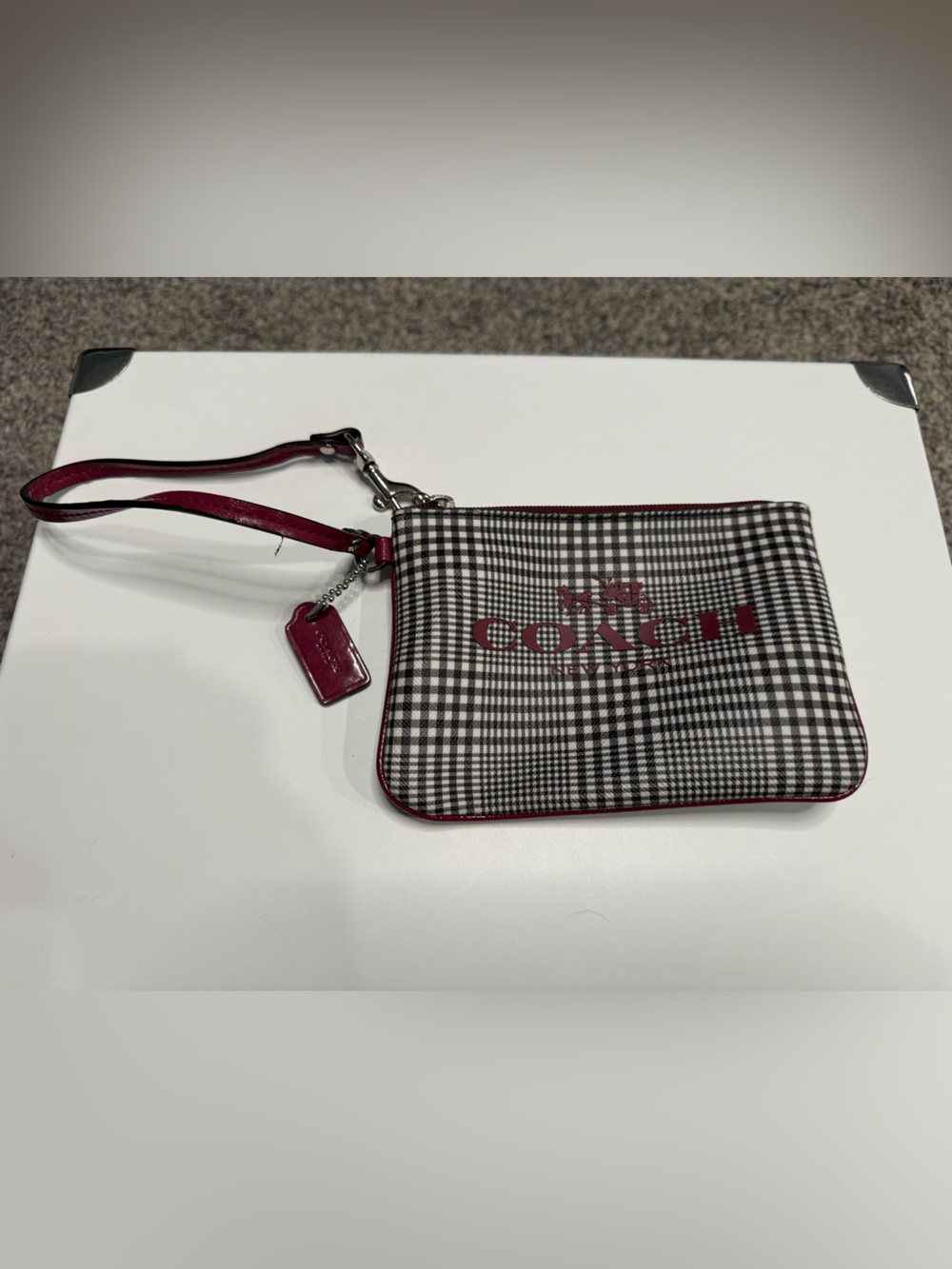 Coach Black & White Plaid Wristlet with Red Trim
